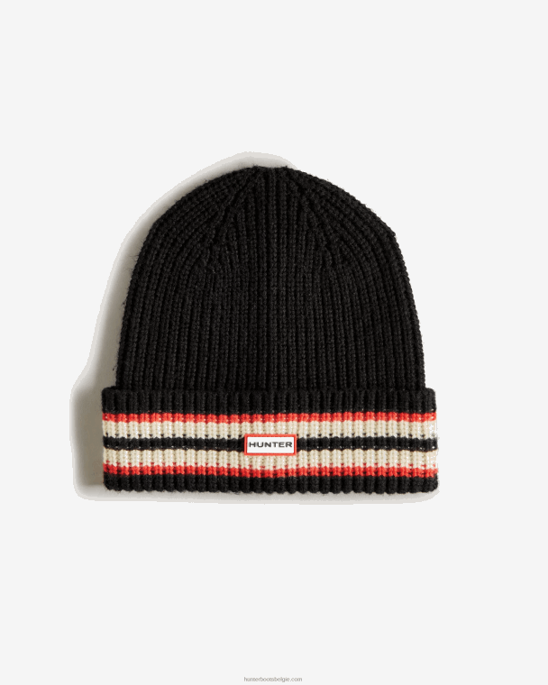 X226V617 Gestreepte beanie met merkomslag Heren Hunter zwart