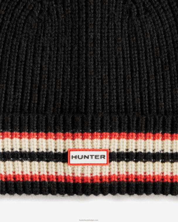 X226V617 Gestreepte beanie met merkomslag Heren Hunter zwart