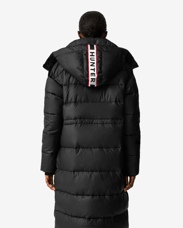 X226V367 onverschrokken geïsoleerde lange pufferjas met webbing vrouwen Hunter embleem zwart