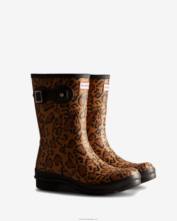 X226V128 korte regenlaarzen met luipaardprint vrouwen Hunter rijke tan/zadel/zwart