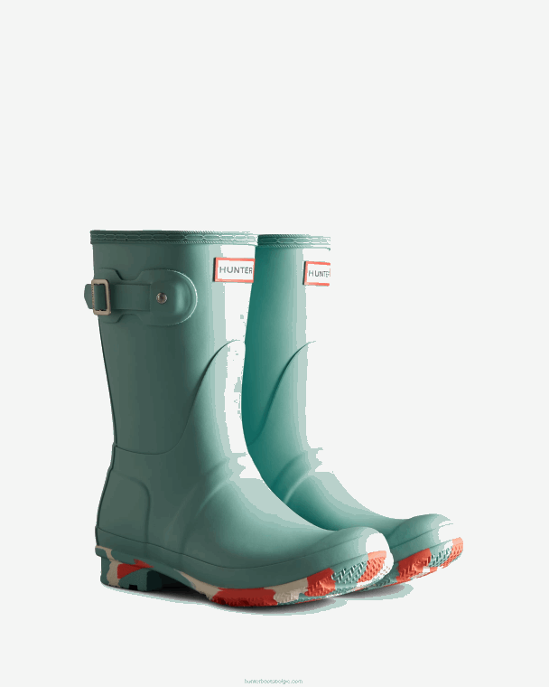 X226V132 kleur spatzool korte regenlaarzen vrouwen Hunter birdseye blauw/witte wilg/persimmon roze