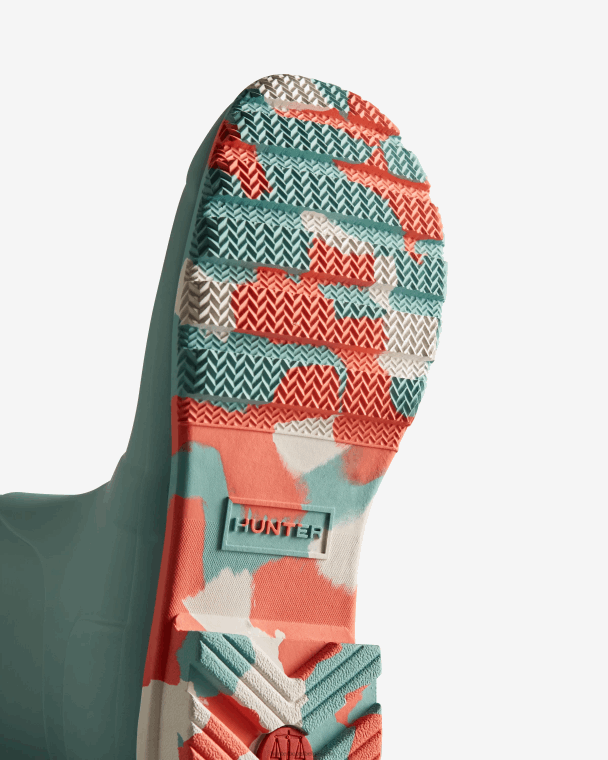 X226V135 hoge regenlaarzen met spatzool in kleur vrouwen Hunter birdseye blauw/witte wilg/persimmon roze